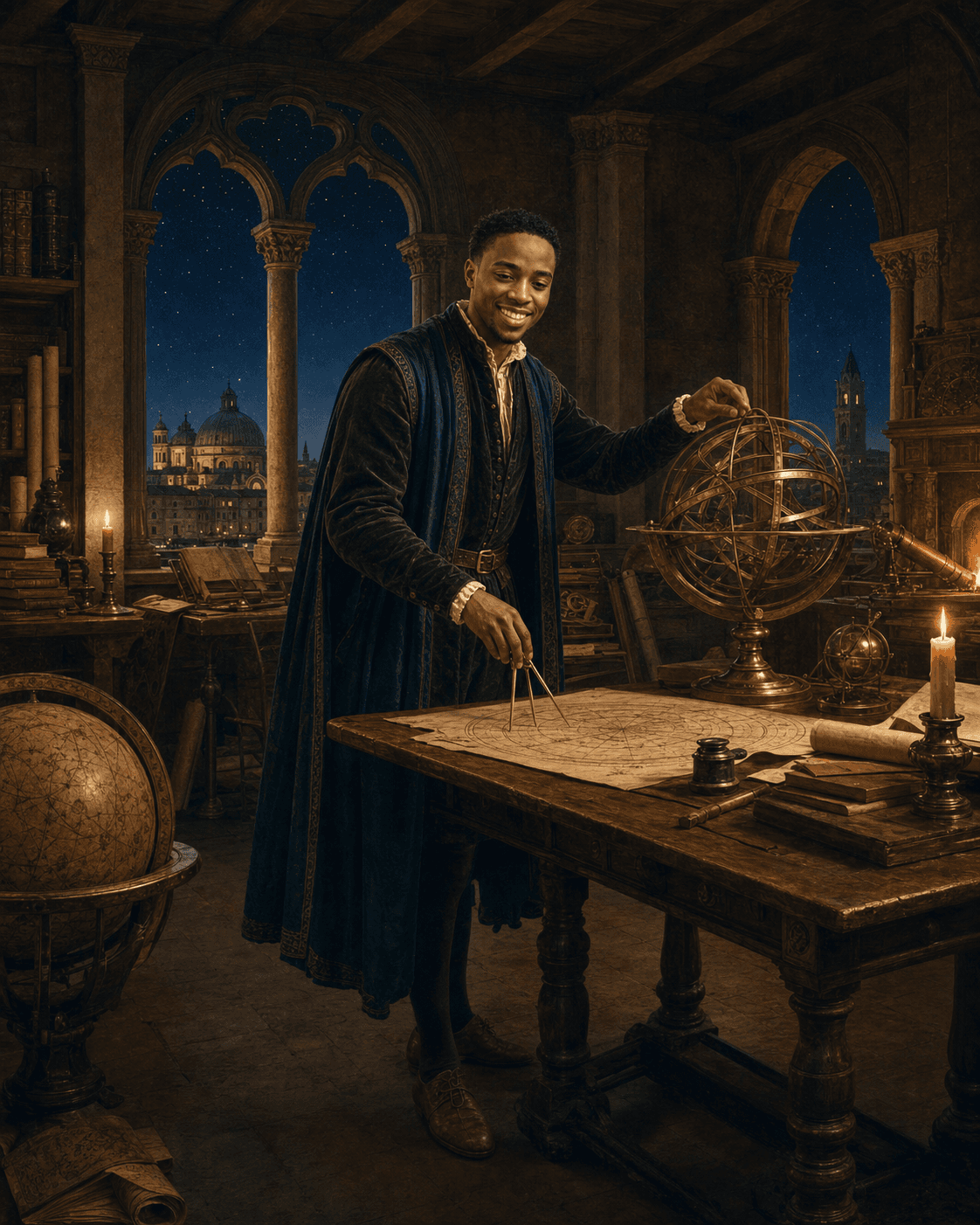 Gontse portrayed head-to-toe as a Renaissance natural philosopher calibrating an armillary sphere and marking a celestial chart
