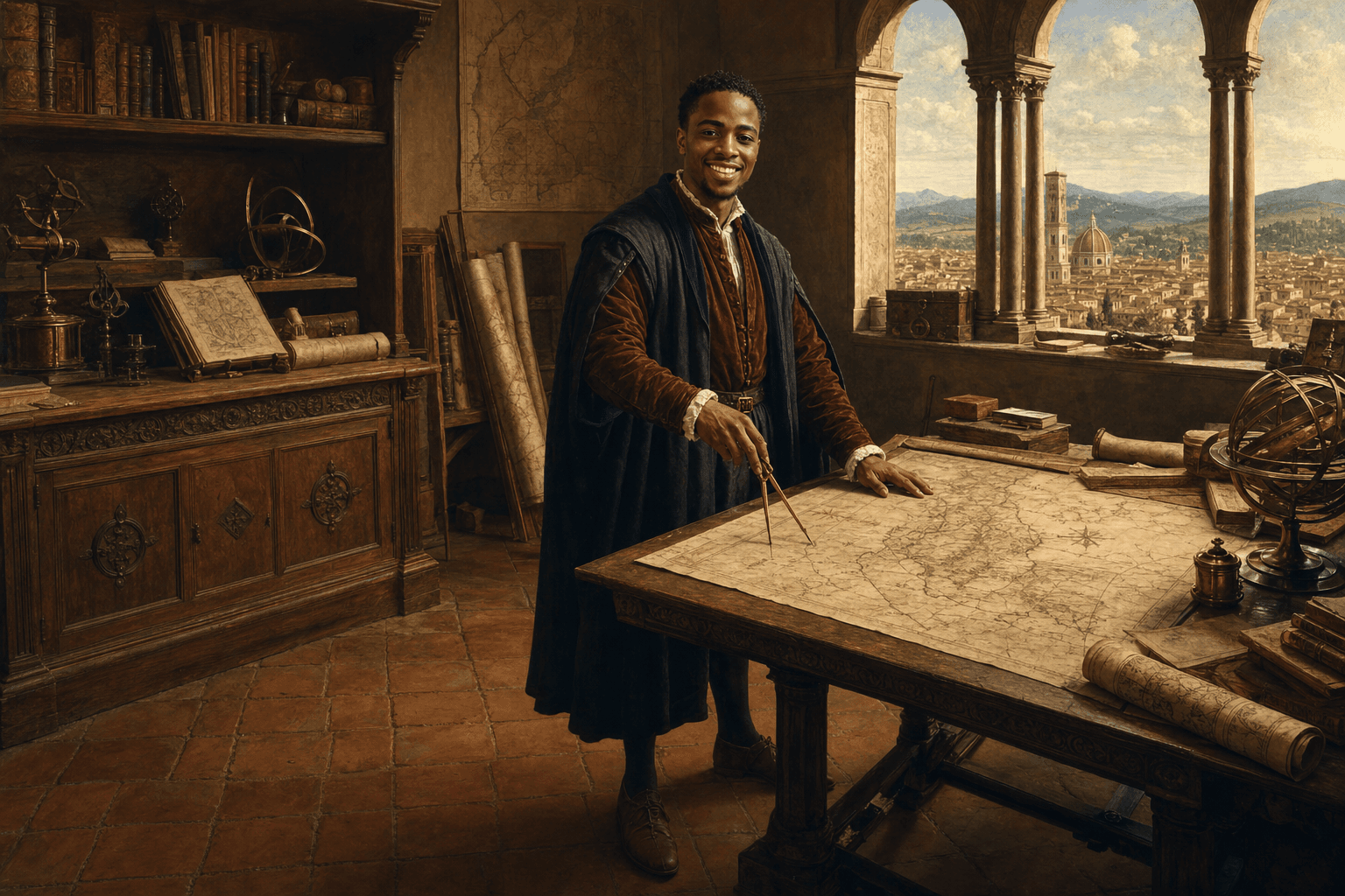 Gontse portrayed full-length as a Renaissance cartographer tracing a route in a period studiolo